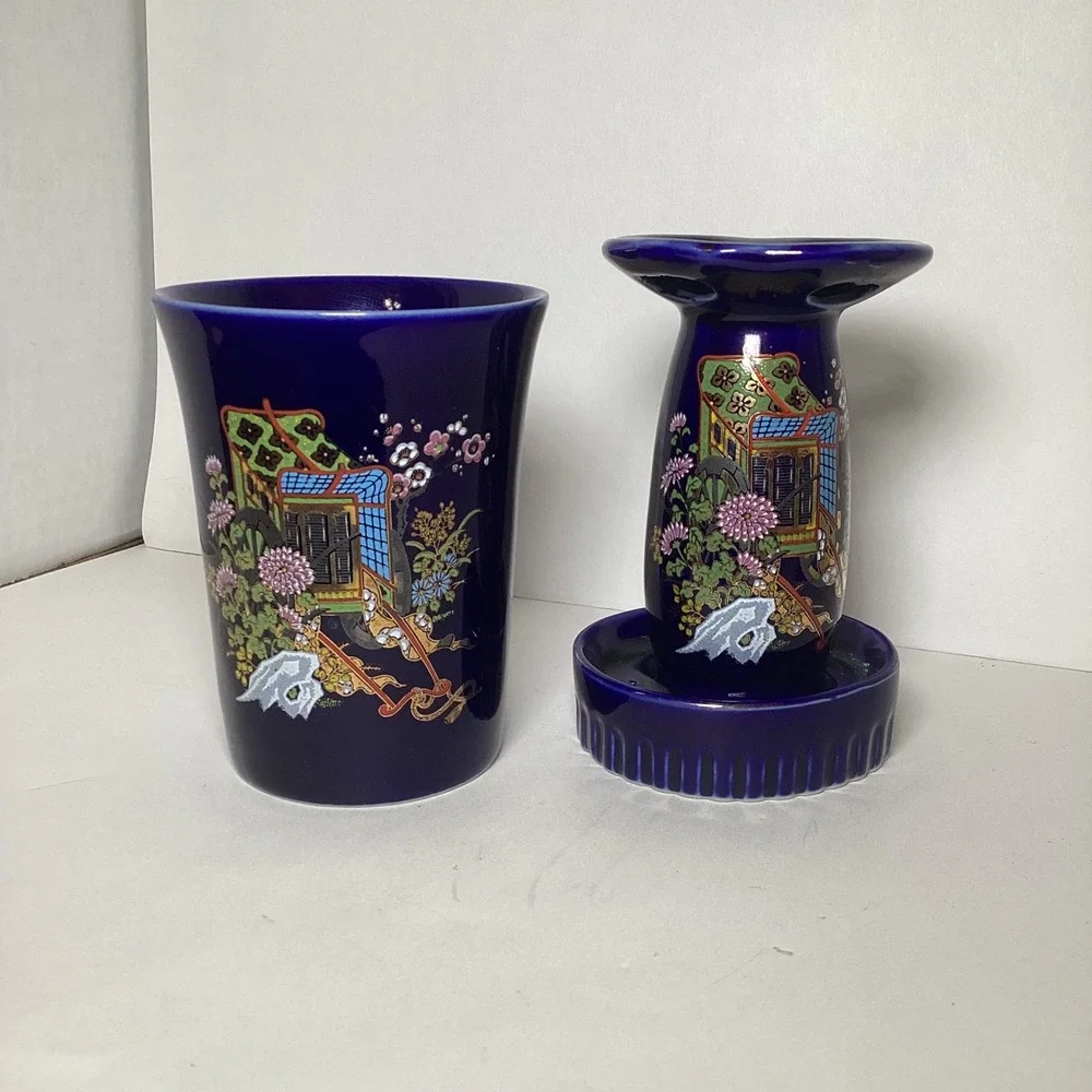 Vintage Cobalt Blue Japanese Porcelain Vanity Set Rickshaw Floral Tumbler Holder